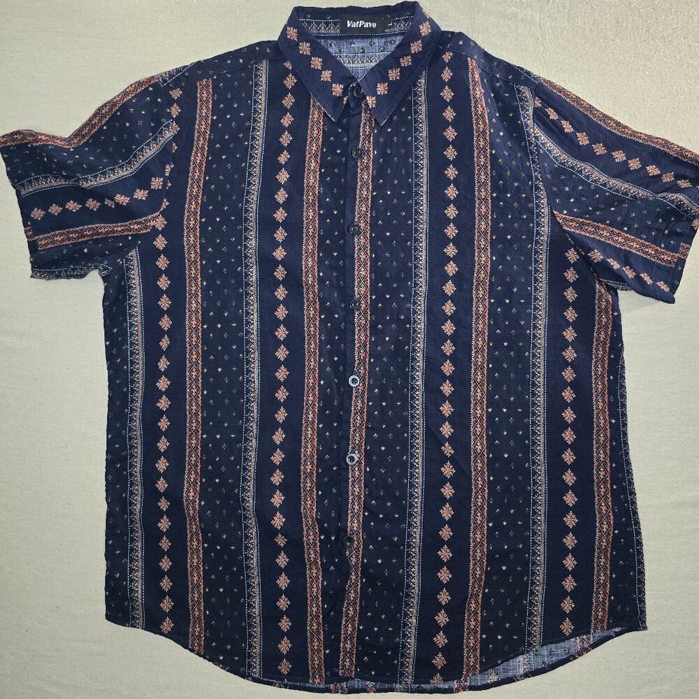 VatPave Shirt Mens Large Navy Stripe Floral Print Short Sleeve Button Up Casual